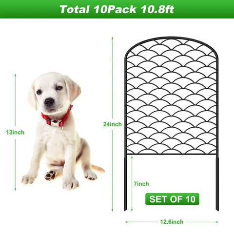 Arched Decorative Garden Fence Set Of 10 Panels With 24 Inch High Clearance, 13 Inch Wide Each, 10.8 Feet Long Total next to dog