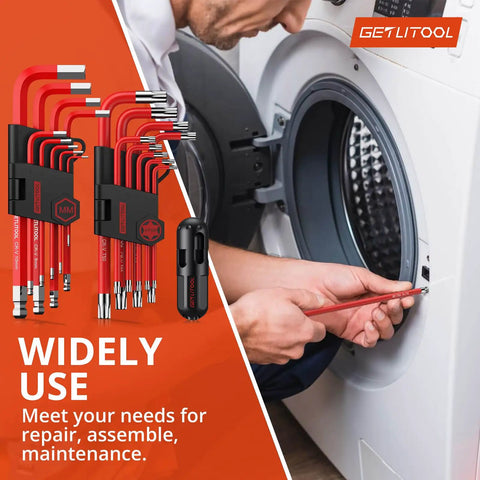 Ball End Hex Key Set With Torx Keys 18 Pieces Chrome Vanadium Steel shown next to a washing machine in use