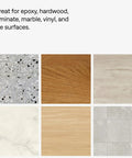 Various flooring types including epoxy, hardwood, laminate, and tile surfaces suitable for cleaning with No Sweat Heavy Duty Commercial Floor Sweeper With A Slick Forty Eight Inch Reusable Washable Dust Mop Head And Sturdy Wooden Handle For Quick Hardwood Tile Laminate Floors In Bold Blue.