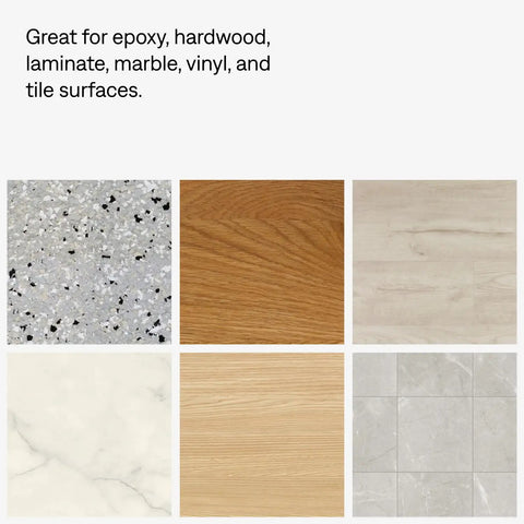 Various flooring types including epoxy, hardwood, laminate, and tile surfaces suitable for cleaning with No Sweat Heavy Duty Commercial Floor Sweeper With A Slick Forty Eight Inch Reusable Washable Dust Mop Head And Sturdy Wooden Handle For Quick Hardwood Tile Laminate Floors In Bold Blue.