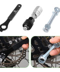 Bike Repair Bag With Tire Pump And 16 In 1 Multitool Kit for Cycling, showcasing wrenches and bolt adjustments on a bike wheel.