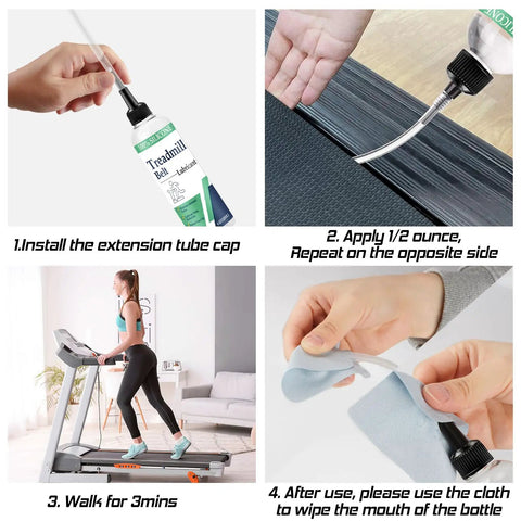 Steps using One Hundred Percent Silicone Treadmill Lubricant For Belt Non Toxic Odorless Four Oz Bottle With Tubes And Five Cloths