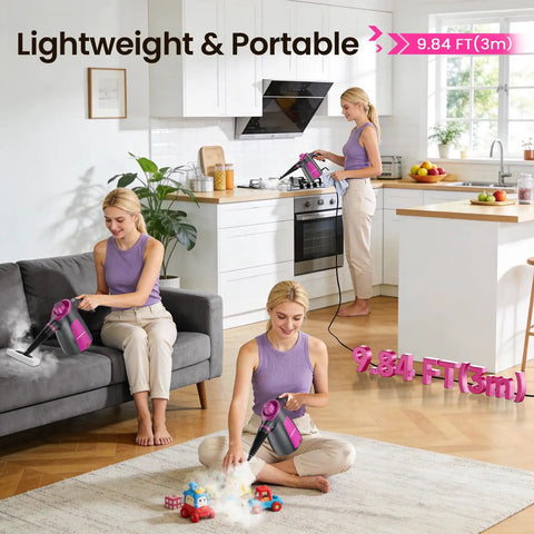 Heavy Duty Pressurized Handheld Steam Cleaner With 12 Piece Attachment Kit For A Sweet And Slick Deep Clean Tackles Stubborn Grease Fast Portable High Heat Steamer in use for cleaning toys and couch.