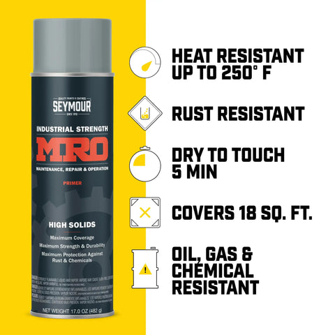 Industrial High Solids Spray Paint Primer In Light Gray, 17 Oz, Heavy Duty Rust And Weather Protection can with features listed.