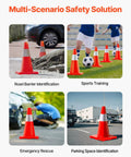 Six Pack 28 Inch Orange Traffic Cones With Reflective Collar used for road barrier, sports, emergency, parking scenarios.