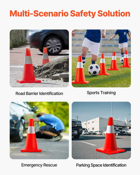 Six Pack 28 Inch Orange Traffic Cones With Reflective Collar used for road barrier, sports, emergency, parking scenarios.