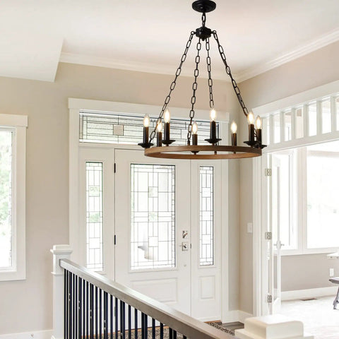 Eight-Light Farmhouse Wagon Wheel Chandelier, 26-Inch Industrial Round Candelabra Pendant Light Fixture in a bright foyer