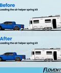 Air suspension kit, 2-piece, rear, side-view illustration of blue pickup towing a travel trailer (before/after)