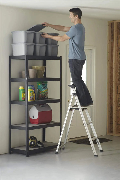 3 Step Lightweight Aluminum Folding Step Ladder With Non Marring Leg Tips Slip Resistant Platform ANSI Rated 225 Lbs Super Light Folds Flat For Quick Storage At Home Or Garage used indoors
