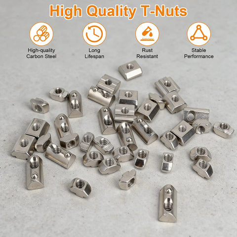 Heavy Duty M6 T Nut Screw Kit For 3030 3060 Aluminum Extrusion 100 Pieces showing nickel plated T-nuts on display