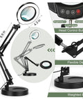 2 In 1 LED Magnifying Glass With Stand And Clamp, Five Color Modes Dimmable Lighting, showing dimensions and features