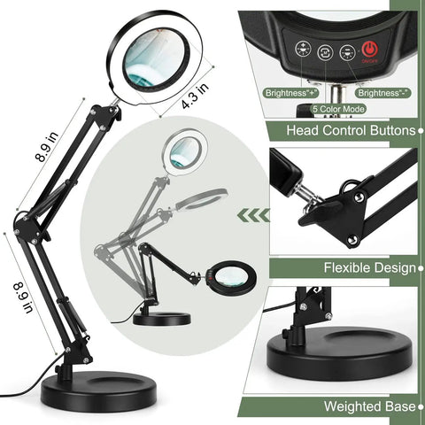 2 In 1 LED Magnifying Glass With Stand And Clamp, Five Color Modes Dimmable Lighting, showing dimensions and features