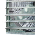 Close-up of silver 36 Inch Wall Mounted Exhaust Fan With Auto Shutter, ideal for attic, shed, garage ventilation, 6128 CFM, 9000 sq ft coverage.