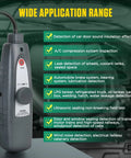 Front view of a gray handheld ultrasonic leak detector with probe and dial, for automotive use.