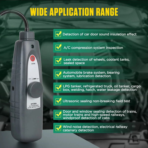 Front view of a gray handheld ultrasonic leak detector with probe and dial, for automotive use.
