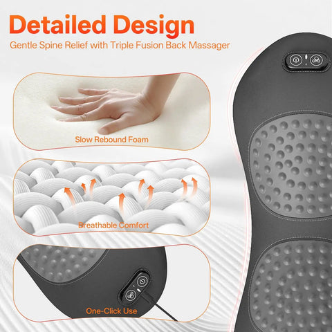 Detailed view of Sudahia 3in1 Electric Back Massager With Heat Vibration And Traction Lumbar Support Pillow, showing slow rebound foam and controls.