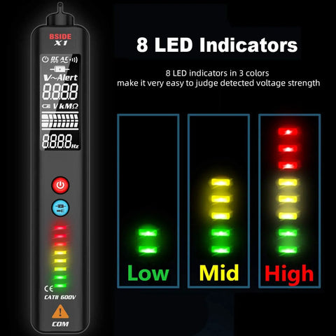 Rechargeable Multimeter And Voltage Tester Kit With Color LCD Display and EBTN Readout showing 8 LED indicators for voltage strength