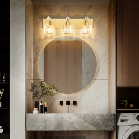 Crystal 3 Light Vanity Light With Gold Finish For Bathroom, Over Mirror Modern Wall Sconce Fixture, illuminating bathroom mirror