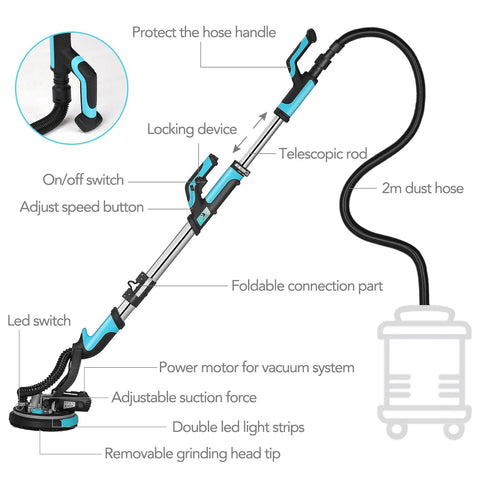 Drywall Sander Without Vacuum 750W Electric Sander With Telescopic Foldable Pole 7 Variable Speeds Labor Saving Handle LED Light diagram