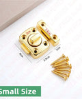 Small gold Gate Latch Slide Bolt Lock Rotating Hasp Latches Double Sided Locks with screws and measurements displayed.