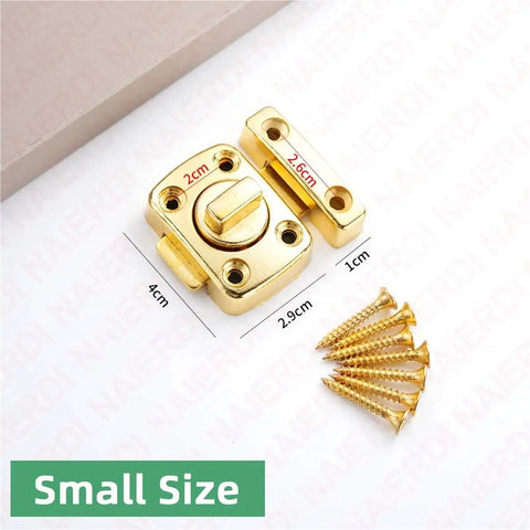 Small gold Gate Latch Slide Bolt Lock Rotating Hasp Latches Double Sided Locks with screws and measurements displayed.