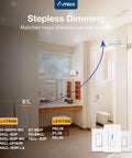 Stepless dimming feature of 6 Inch LED Recessed Downlight With Junction Box, bathroom setting with switch compatibility chart.