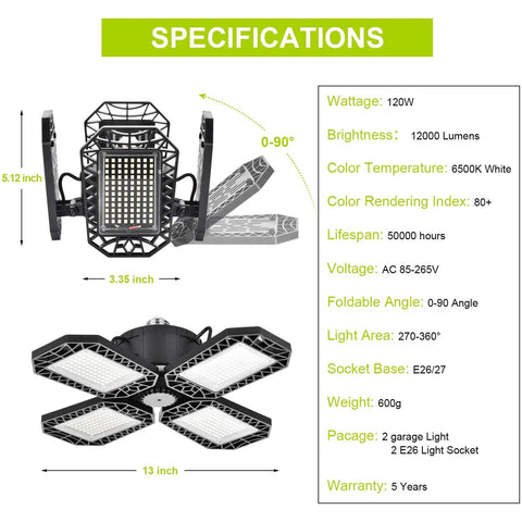 Deformable 120W LED Garage Light Four Panel Ceiling Fixture With 12000 Lumens, E26, showing specifications and adjustable panels