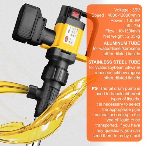 Handheld Cordless Oil Pump With 2 Batteries And 100W Motor For Liquid Transfer Adjustable Speed Up To 7M Lift Ideal For Viscous Fluids And Drum Emptying with aluminum and stainless steel tubes.