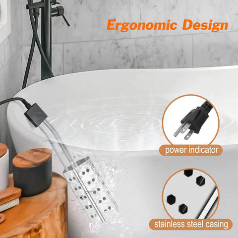 Heavy Duty 1500W Immersion Water Heater For Fast Heat In 5 Gallons Of Water, shown in a tub with stainless steel casing and plug