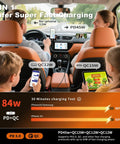 Retractable Car Charger 4 In 1 With USB C Fast Charge 84W in car showing 84W power hub and charging devices, focus on charger use
