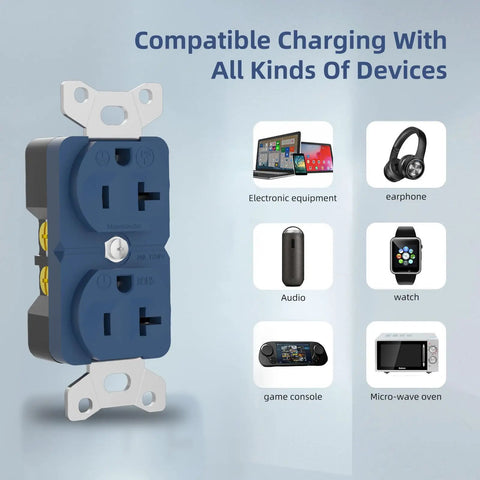 Audiophile Duplex Receptacle 20 Amp 125V Pure Copper Wall Outlet for home audio systems with various compatible devices.