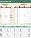 Measurement tips for 36 Inch By 84 Inch Bifold Barn Door System With Hardware Kit Included For Two Doors showing track lengths and panel sizes.