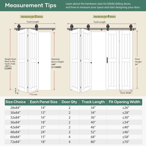 Measurement tips for Modern White Bifold Barn Door 42X84 Inches installation with track length and door sizes.