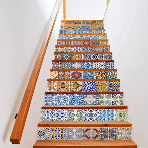 13 Strips Stair Stickers Self Adhesive PVC Home Decor Decals Staircase Murals With Ceramic Tile Pattern 39 Inches Long 7 Inches Wide