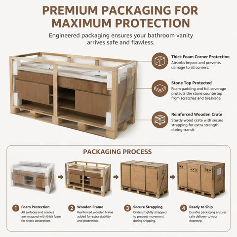 66 Inch Freestanding Double Sink Bathroom Vanity With Led Mirror And Textured Wood Finish packaging details showing foam protection and wooden crate.