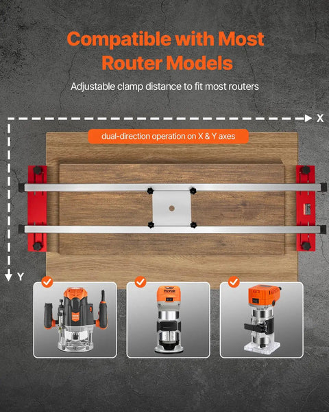 Router Sled For Woodworking Up To 64 Inches With X And Y Axis Adjustable Rails showing compatible router models