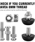 Close-up of 24 Pack Adjustable Outdoor Furniture Leg Levelers 8mm By 1.25 M8 Stainless Steel Screw In Feet with nuts.