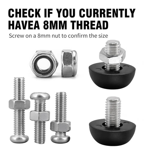 Close-up of 24 Pack Adjustable Outdoor Furniture Leg Levelers 8mm By 1.25 M8 Stainless Steel Screw In Feet with nuts.