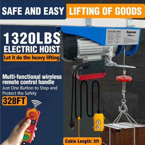 Bigorenda 1320Lb Electric Hoist With Wireless Remote And Wired Control, showing motor and remote for easy lifting.