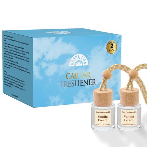Premium Hanging Car Air Freshener Diffuser Set, Two Pack Vanilla Cream Oil Dispenser With Wood Cap And Glass Bottle, 8ml size