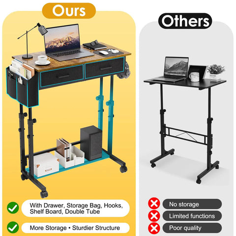 Comparison of rolling height adjustable standing desk on wheels with two fabric drawers and basic table in rustic brown.