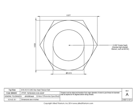 Premium Gang Pack Of Two 5/16-18 By 6-Inch Grade 5 Ti-6Al-4V Titanium Hex Head Bolts detailed technical drawing.