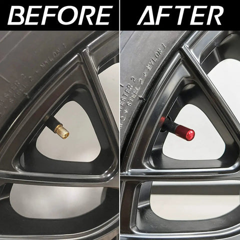 Before and after comparison of wheel with Four Pack Tire Valve Stem Caps For Cars SUVs Trucks Bikes And Motorcycles Universal Fit Red Protect Valves From Water Dust And Sand With Easy Hand Tightening Durable Exterior Caps That Add Style To Your Wheels