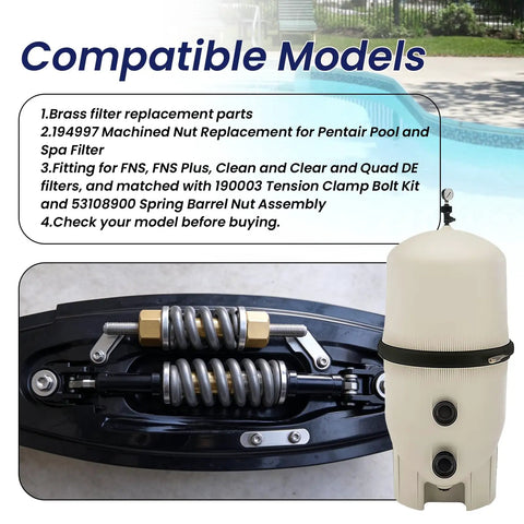 Two Piece 194997 Machined Nut Replacement Bolt Compatible With Pentair Pool And Spa De Filters Fns Fns Plus showing brass fittings.