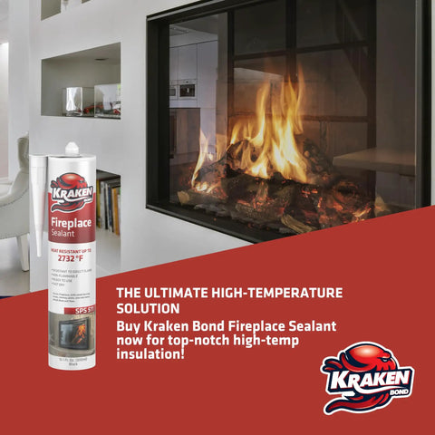 High Temp Fire Sealant Caulk For Ovens, Stoves, And Chimneys, 2732F Heat Resistance tube in front of a burning fireplace
