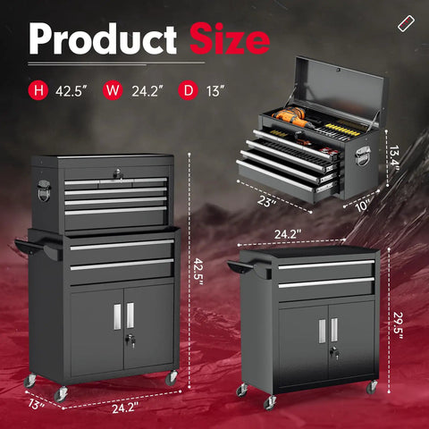 Product dimensions of Eight Drawer Rolling Tool Chest With Locking Detachable Cabinet Built Tough Heavy Duty Steel Tool Cart On Wheels With Liner And Hooks Garage Ready For Workshop Or Warehouse Durable Black Finish.