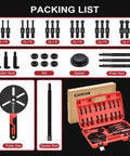 Image showing the packing list for the 33-In-1 Bearing Puller Kit including puller hooks, nuts, spacers, puller rods, and portable case.