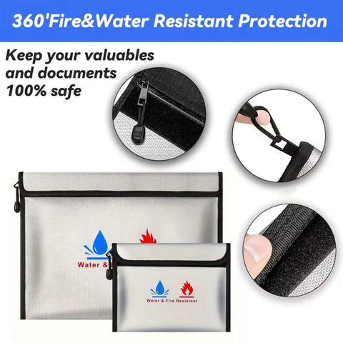 Heavy Duty Fireproof Document Pouches Set With Silicone Coated Exterior And Aluminum Foil Lining, zippers and Velcro detail