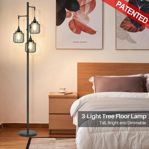 Dimmer Floor Lamp With 3X 800LM LED Edison Bulbs, Tall Standing Corner Lamp In Farmhouse Black, Industrial Rustic Vintage Tree Pole Light With Cage, Perfect For Living Room, Bedroom And Office To Set The Vibe
