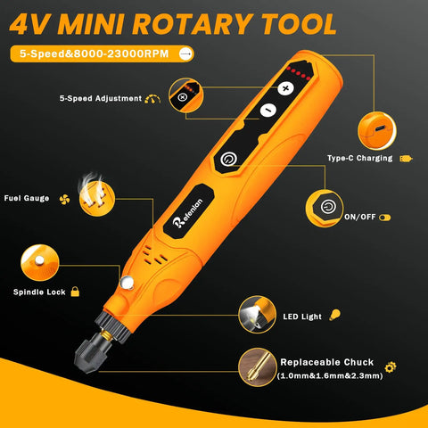 4V Cordless Mini Rotary Tool Kit 23000RPM with LED, Type-C Charging, Orange with 5-speed controls for DIY projects